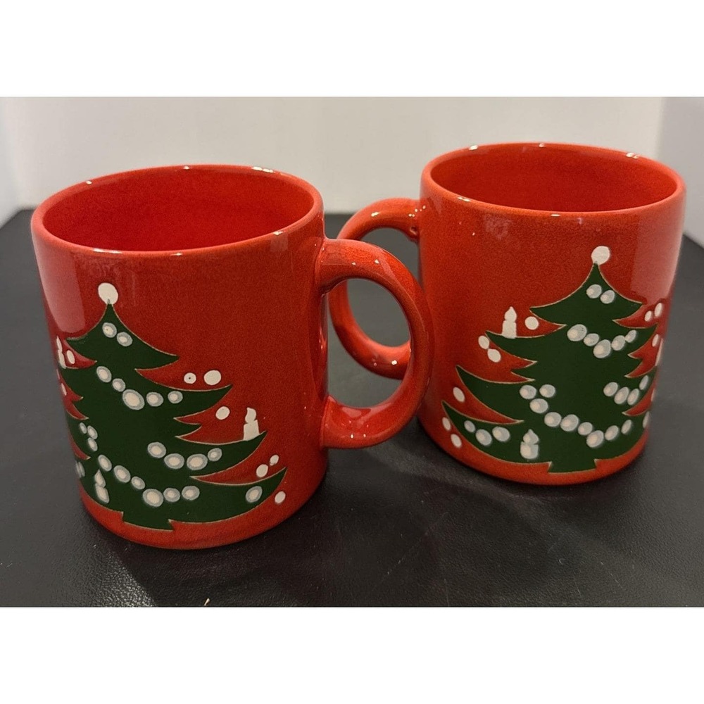 Waechtersbach Red Christmas Tree Mugs Mug Cups Germany Set Of 2